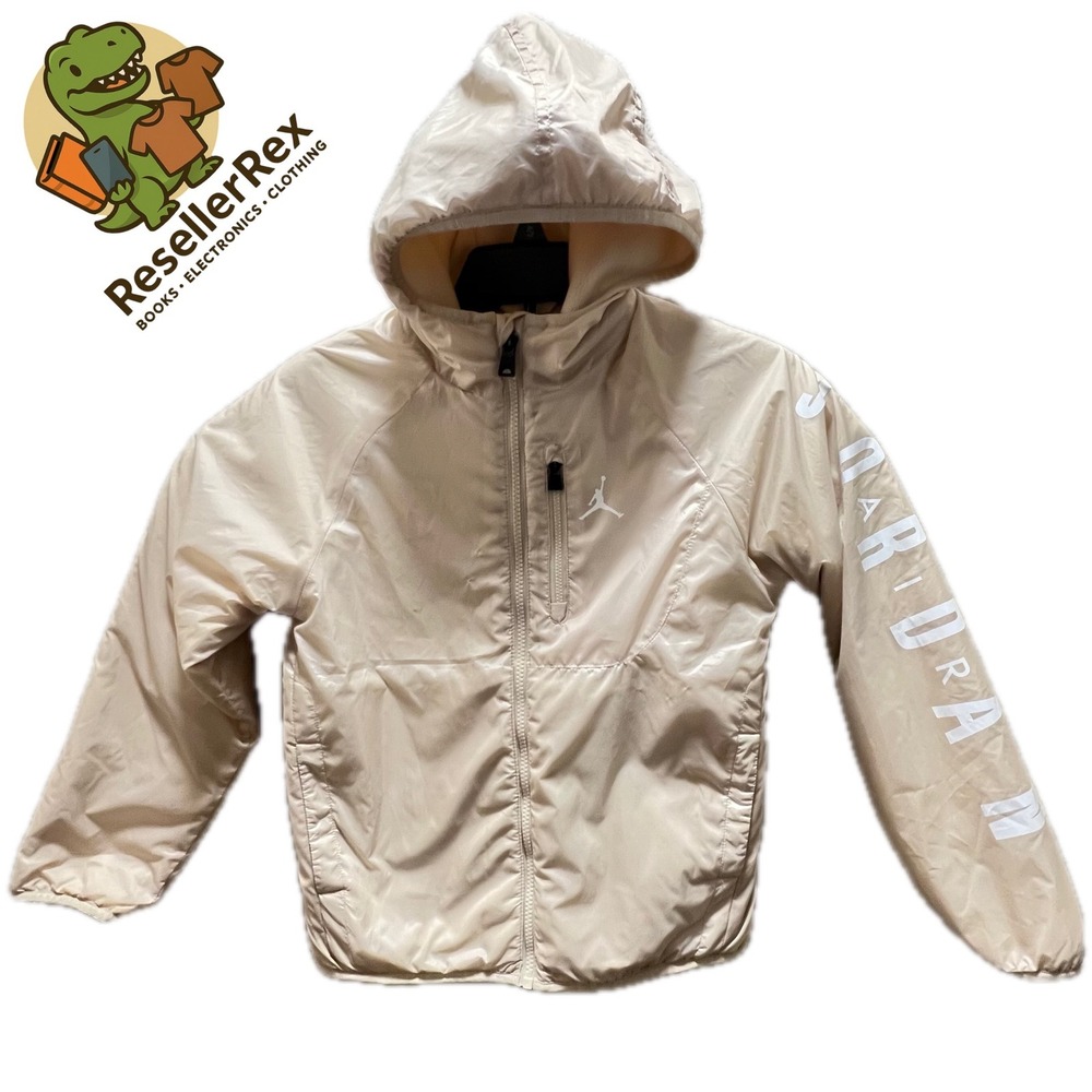 Jordan Kids Beige Full Zip‎ Hooded Fleece Lined Puffer Jacket Size S 8-10Y